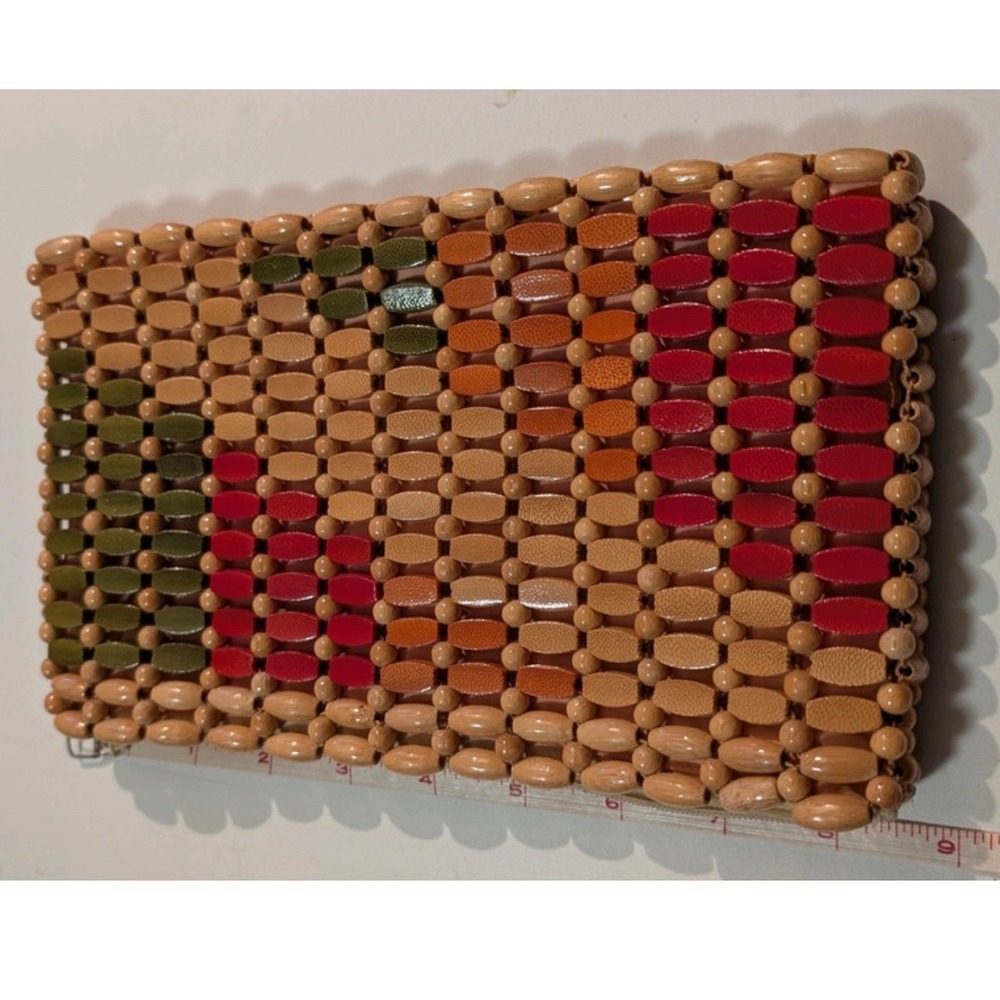 Vintage Geometric Beaded Wood Clutch Bag Red Orange Green Boho Pouch